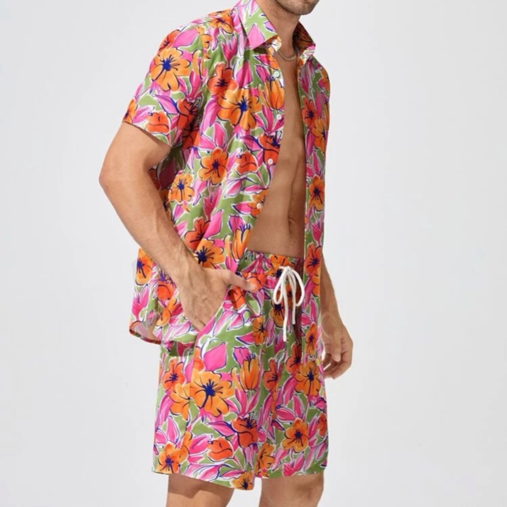 NWOT Floral Print Shirt & Matching Drawstring Waist Shorts Set M